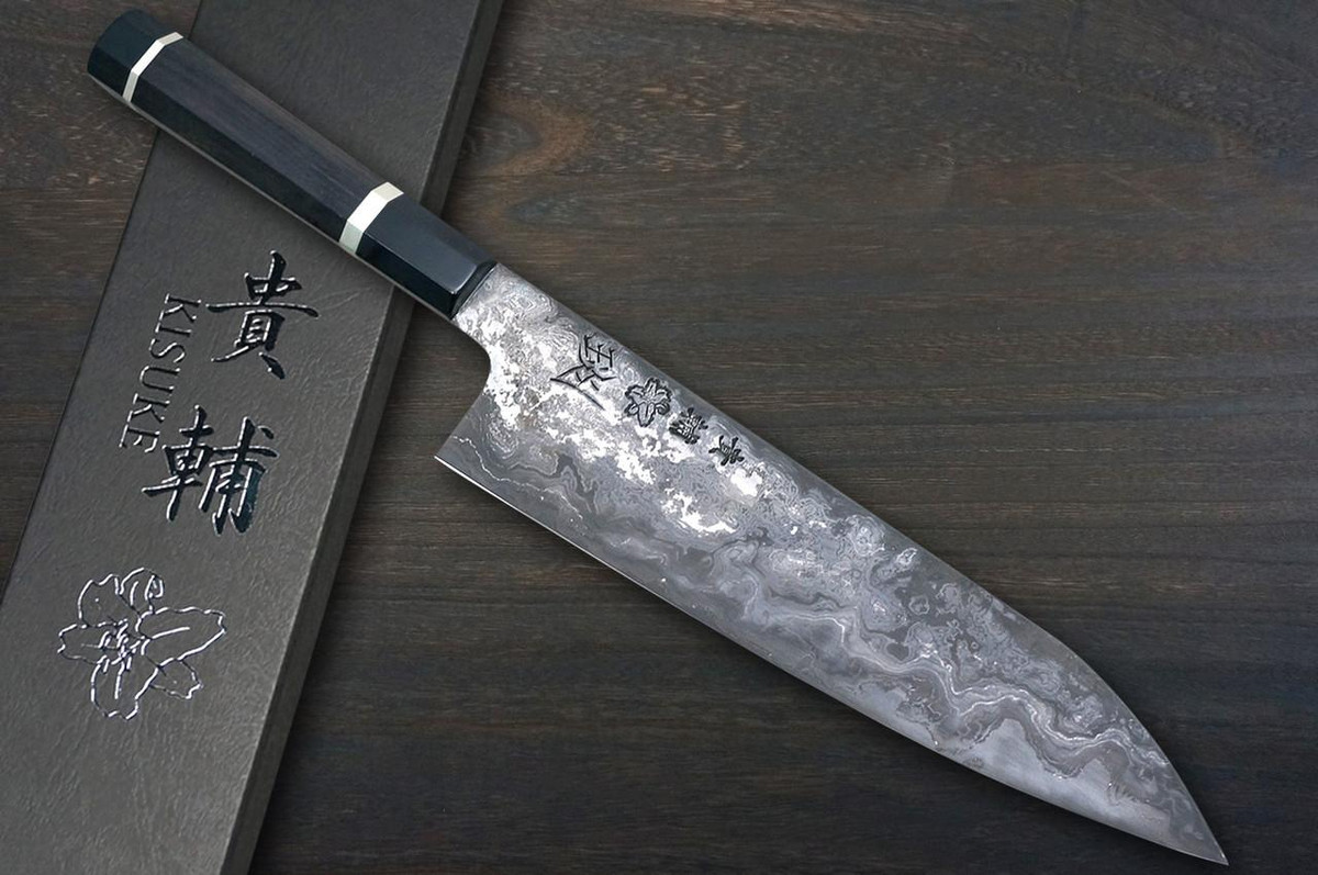 Kisuke Manaka KOKUENN Blue#1 Black Finished EBBFB2 Japanese Chef's Gyuto Knife 210mm with Double Buffalo Ringed Ebony Handle 