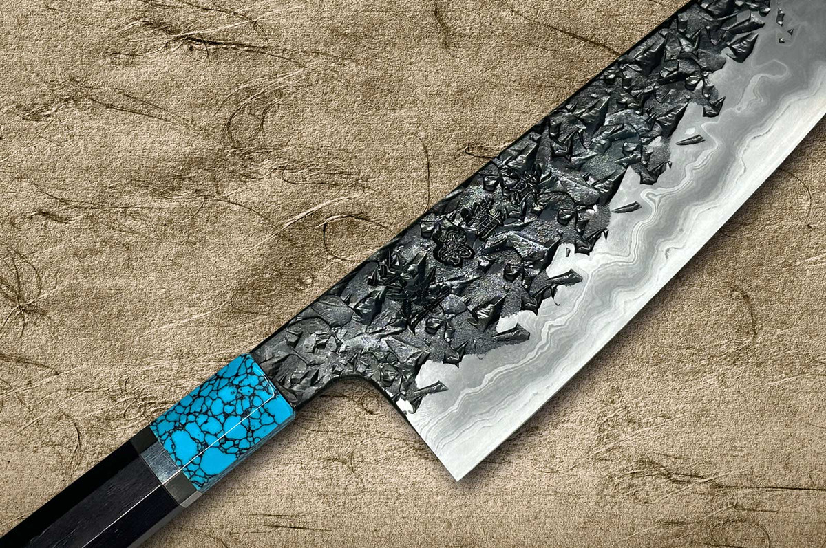 Kisuke Manaka ENN Blue#1 Kurouchi Hammered EBTCA2 Japanese Chef's Santoku Knife 165mm with Double Blue Turquoise & Ebony Handle