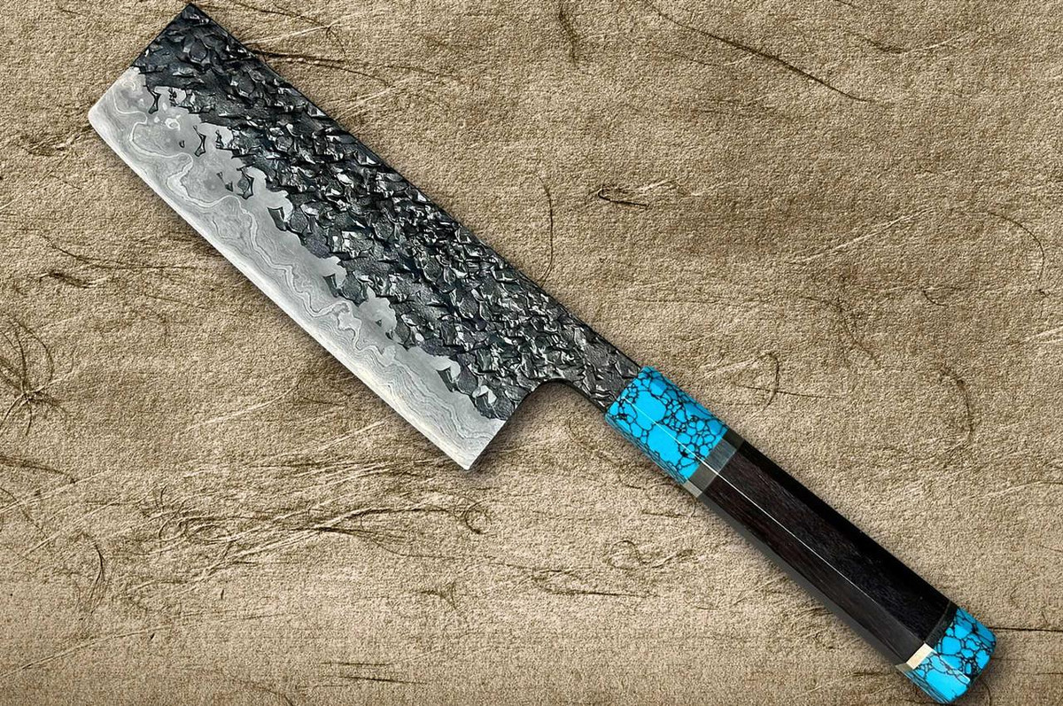 Kisuke Manaka ENN Blue#1 Kurouchi Hammered EBTCA2 Japanese Chef's Nakiri(Vegetable) 165mm with Double Blue Turquoise & Ebony Handle 