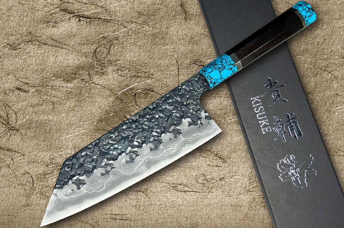 Kisuke Manaka ENN Blue#1 Kurouchi Hammered EBTCA2 Japanese Chef's Bunka Knife 165mm with Double Blue Turquoise & Ebony Handle 