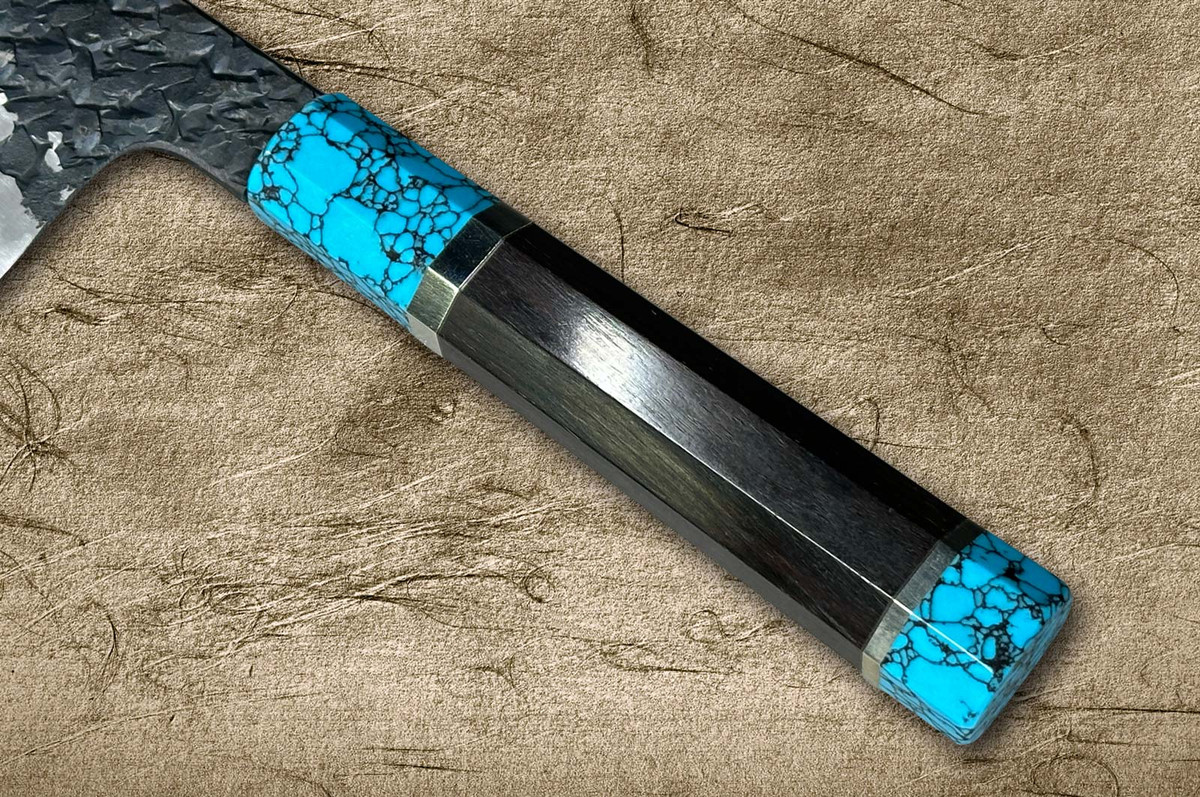 Kisuke Manaka ENN Blue#1 Kurouchi Hammered EBTCA2 Japanese Chef's Gyuto Knife 210mm with Double Blue Turquoise & Ebony Handle