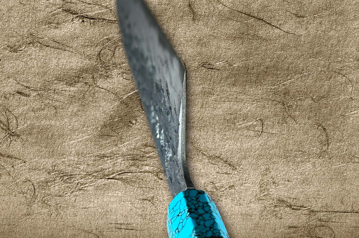 Kisuke Manaka ENN Blue#1 Kurouchi Hammered EBTCA2 Japanese Chef's Gyuto Knife 210mm with Double Blue Turquoise & Ebony Handle