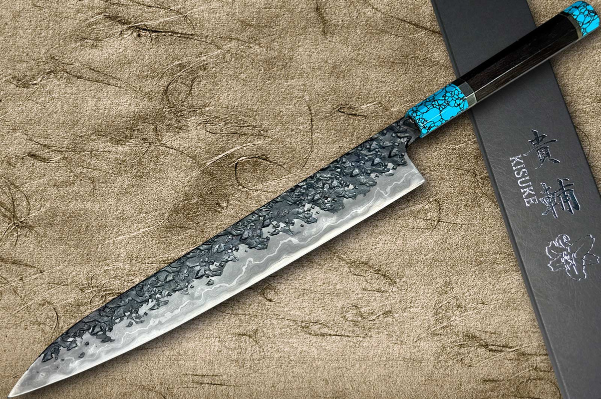 Kisuke Manaka ENN Blue#1 Kurouchi Hammered EBTCA2 Japanese Chef's Slicer(Sujihiki) 240mm with Double Blue Turquoise & Ebony Handle