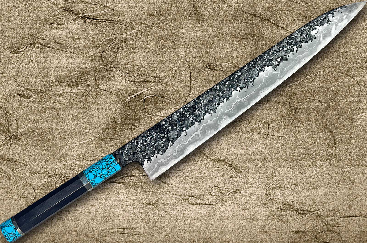 Kisuke Manaka ENN Blue#1 Kurouchi Hammered EBTCA2 Japanese Chef's Slicer(Sujihiki) 240mm with Double Blue Turquoise & Ebony Handle