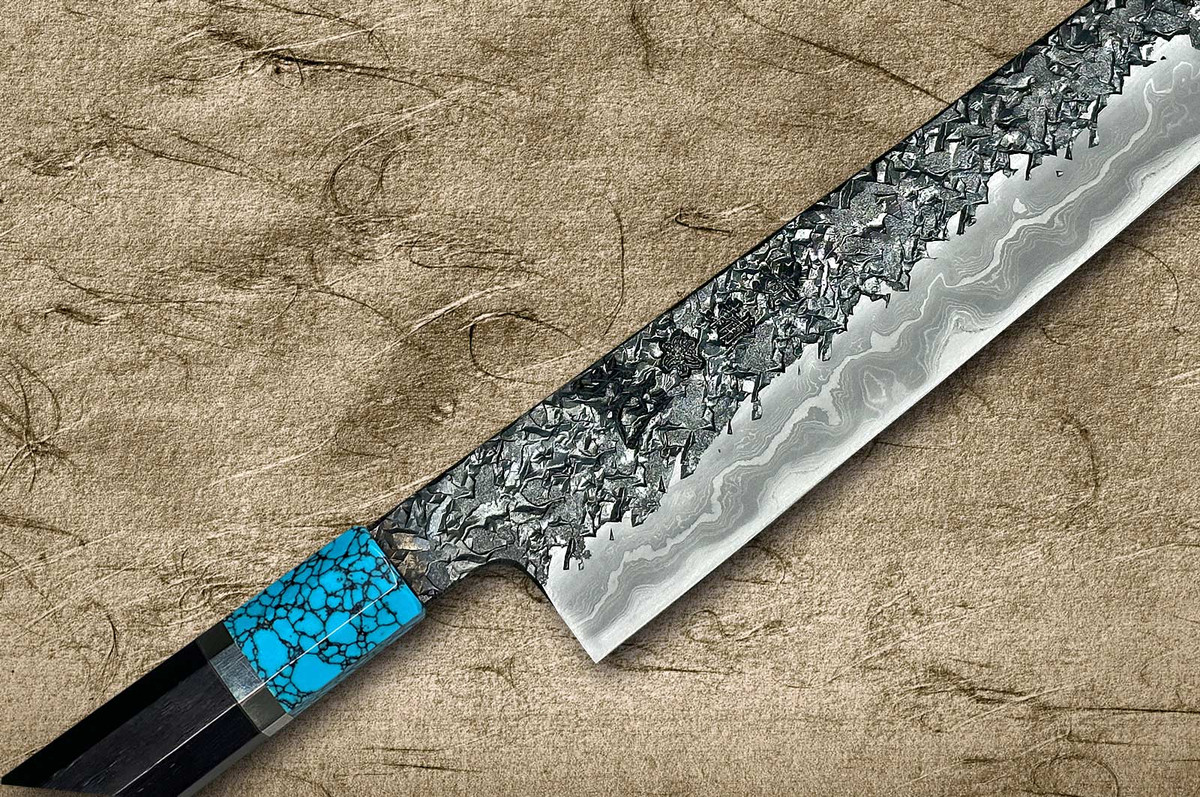 Kisuke Manaka ENN Blue#1 Kurouchi Hammered EBTCA2 Japanese Chef's Slicer(Sujihiki) 240mm with Double Blue Turquoise & Ebony Handle