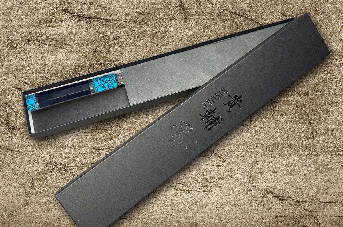 Kisuke Manaka ENN Blue#1 Kurouchi Hammered EBTCA2 Japanese Chef's Slicer(Sujihiki) 240mm with Double Blue Turquoise & Ebony Handle