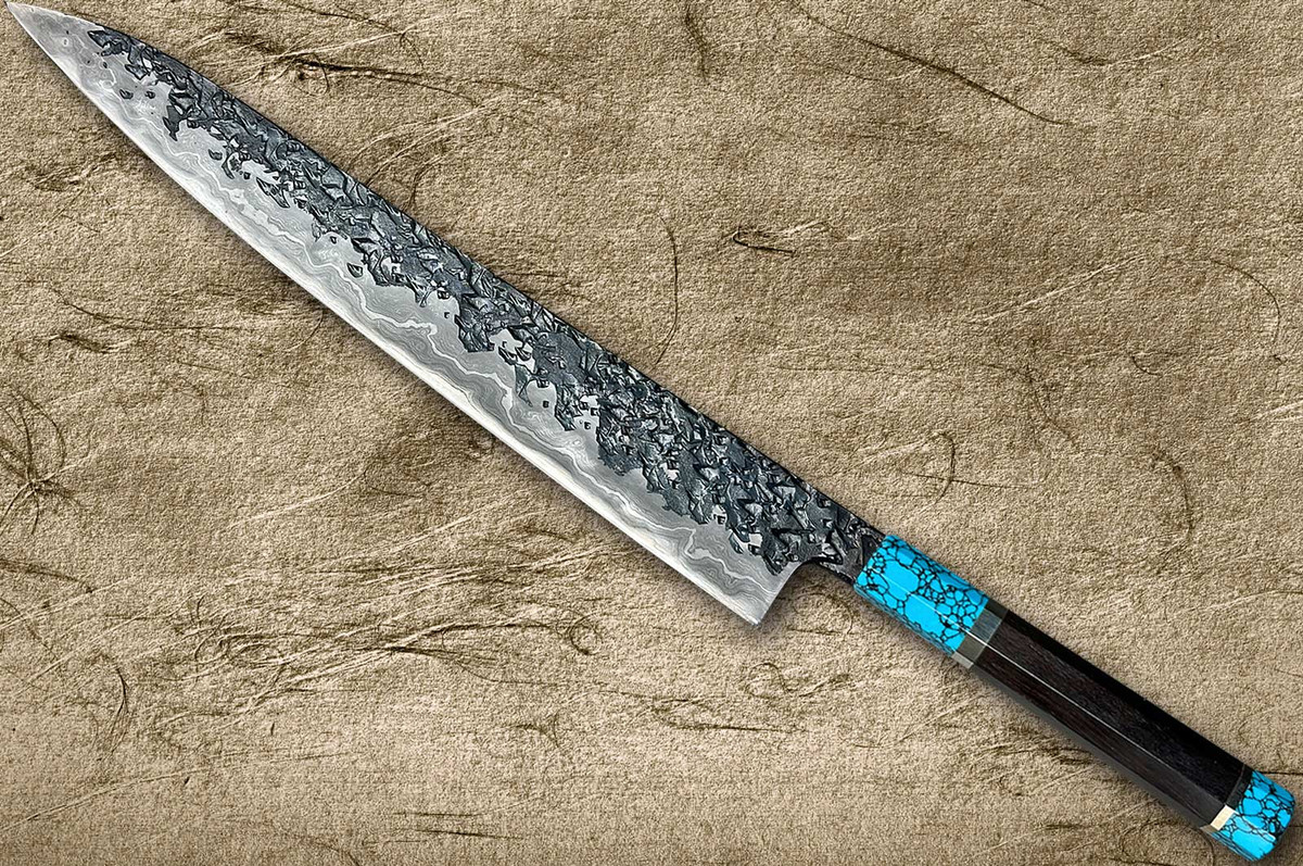 Kisuke Manaka ENN Blue#1 Kurouchi Hammered EBTCA2 Japanese Chef's Slicer(Sujihiki) 300mm with Double Blue Turquoise & Ebony Handle