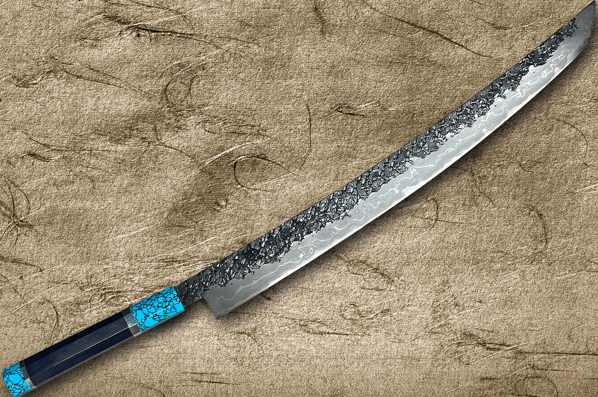 Kisuke Manaka ENN Blue#1 Kurouchi Hammered EBTCA2 Japanese Chef's Sakimaru-Slicer(Sujihiki) 450mm with Double Blue Turquoise & Ebony Handle