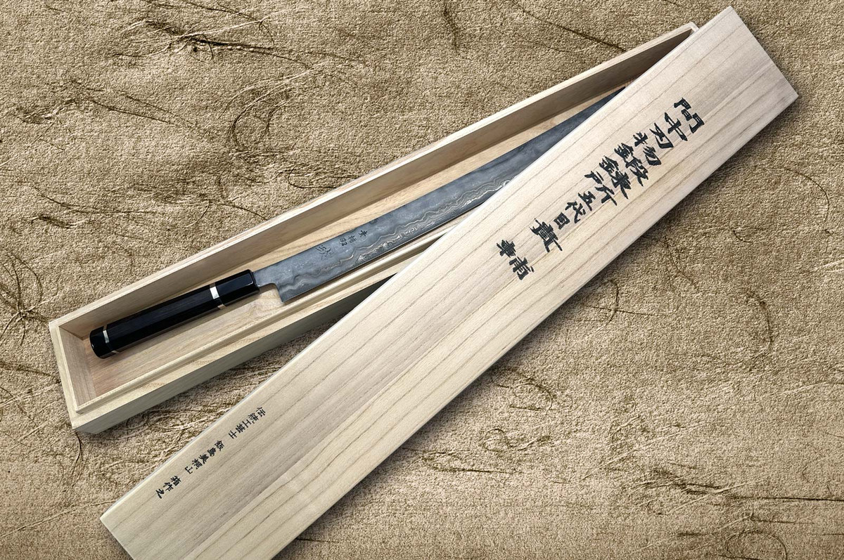 Kisuke Manaka ENN Blue#1 Kurouchi Hammered EBTCA2 Japanese Chef's Sakimaru-Slicer(Sujihiki) 450mm with Double Blue Turquoise & Ebony Handle