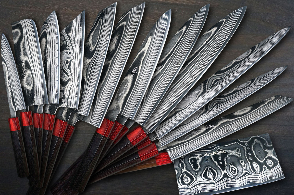 Keiichi Fujii AUS10 Nickel Damascus RS8R Japanese Chef's Knife SET 270mm with Red-Ring Rosewood Handle (KiritsukeSlicer-Slicer270-Slicer240-Gyuto270-Gyuto240-Gyuto210-KiritsukeGyuto240-KiritsukeGyuto210-Bunka-Nakiri-Santoku-Petty+Chinese)