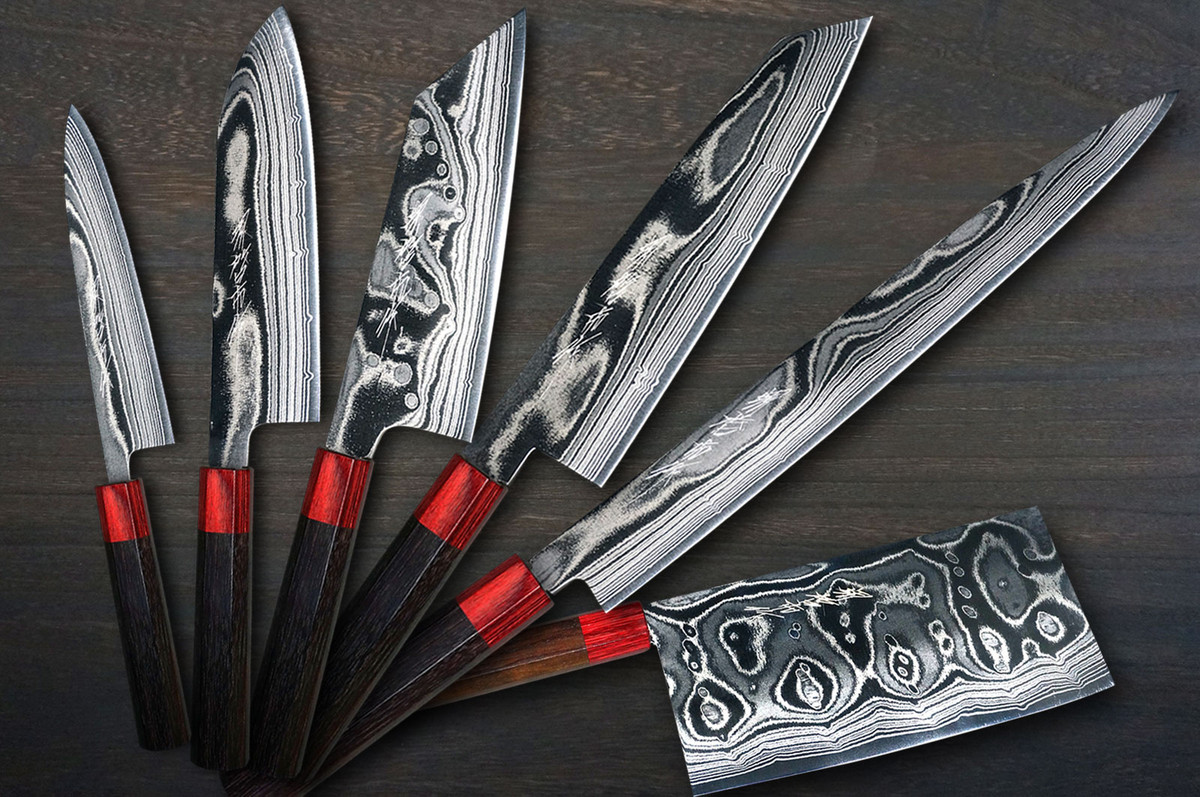 Keiichi Fujii AUS10 Nickel Damascus RS8R Japanese Chef's Knife SET 270mm with Red-Ring Rosewood Handle (Slicer270-Gyuto210-Bunka-Santoku-Petty-Chinese)