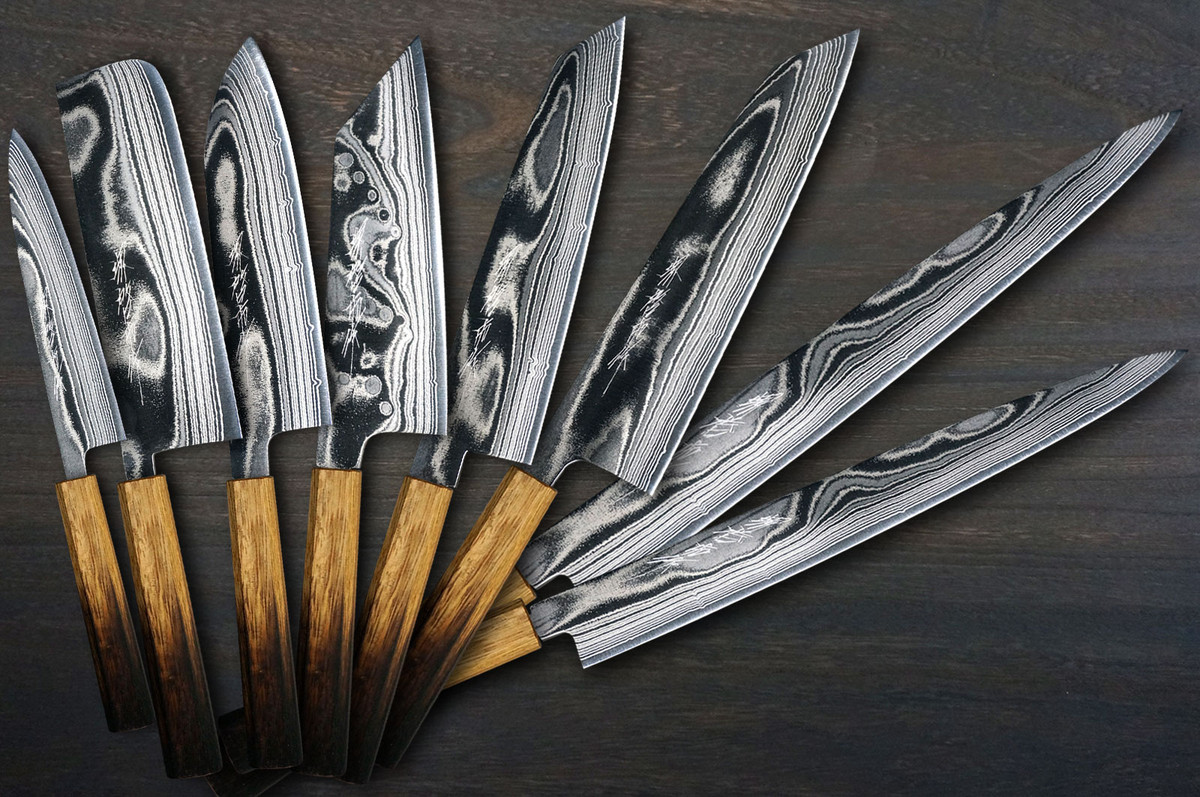 Keiichi Fujii AUS10 Nickel Damascus OK8B Japanese Chef's Knife SET 270mm with Urushi Lacquered Oak Handle (Slicer270-Slicer240-KiritsukeGyuto240-KiritsukeGyuto210-Bunka-Nakiri-Santoku-Petty)