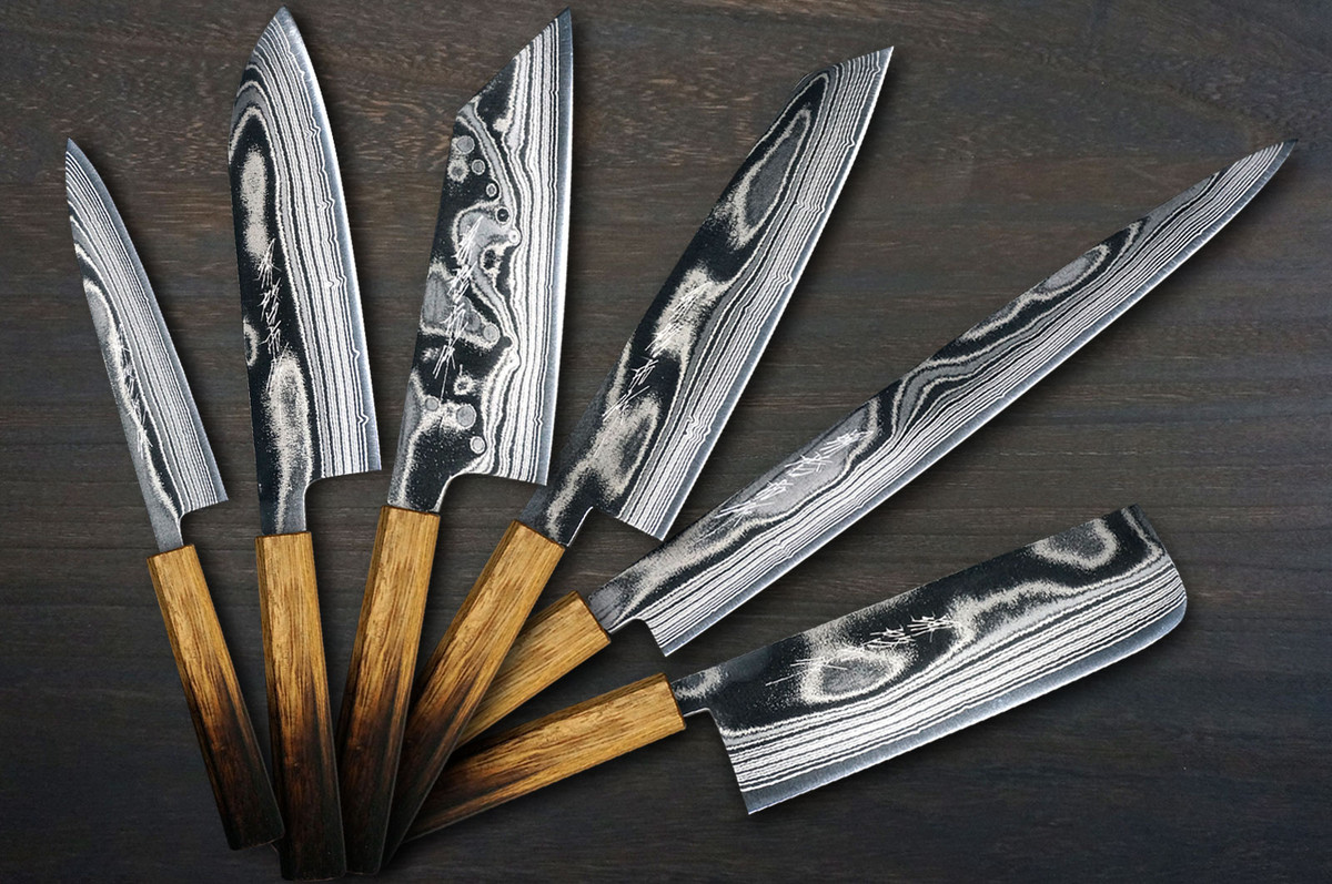 Keiichi Fujii AUS10 Nickel Damascus OK8B Japanese Chef's Knife SET 270mm with Urushi Lacquered Oak Handle (Slicer270-KiritsukeGyuto210-Bunka-Nakiri-Santoku-Petty)
