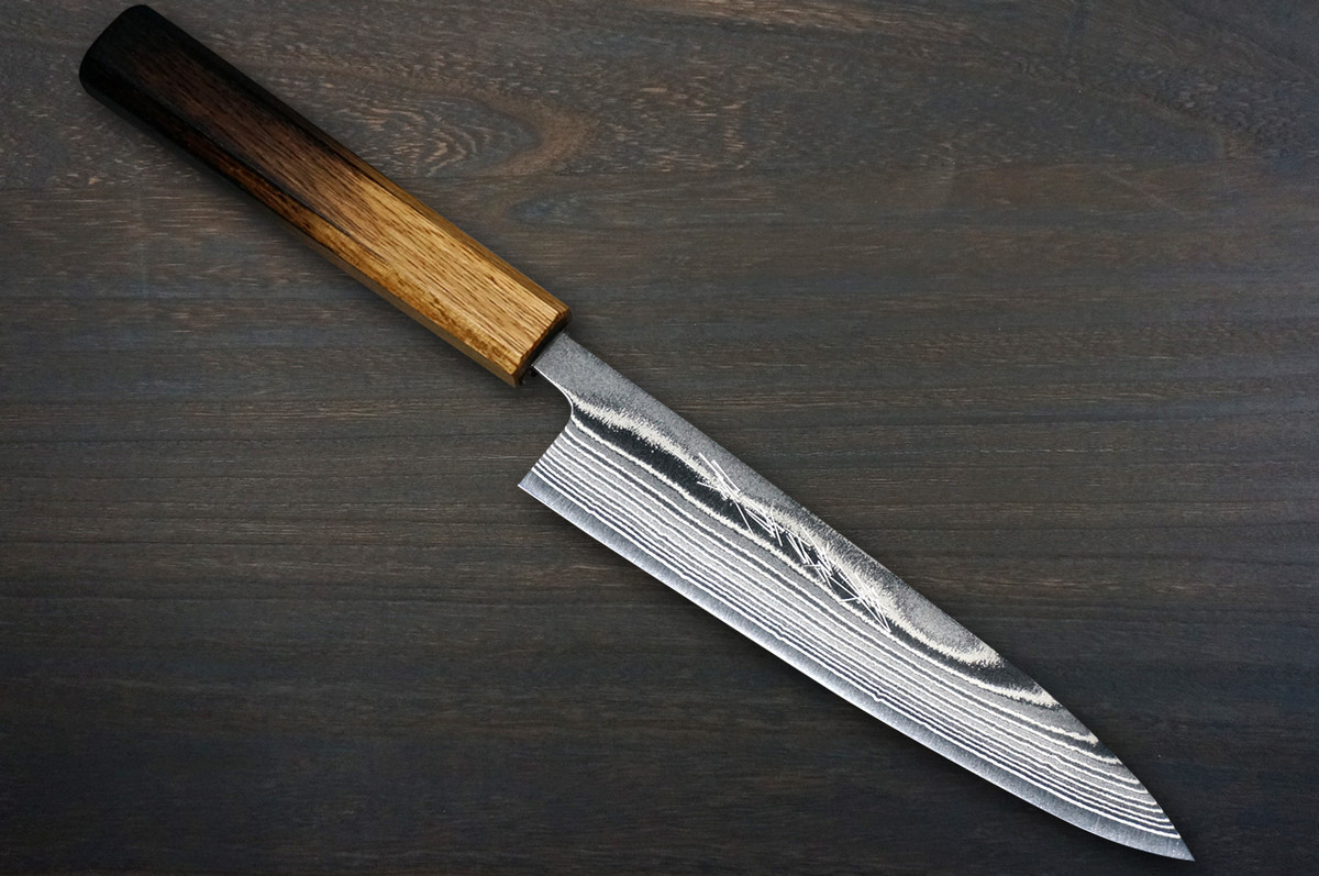 Keiichi Fujii AUS10 Nickel Damascus OK8B Japanese Chef's Knife SET 270mm with Urushi Lacquered Oak Handle (Slicer270-KiritsukeGyuto210-Bunka-Nakiri-Santoku-Petty)