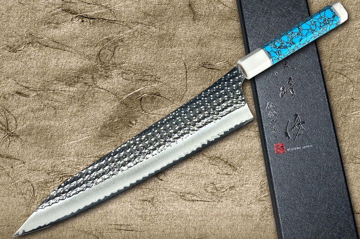 Yu Kurosaki R2(SG2) Hammered SENKO-EI WA TCA-TCW2 Japanese Chef's Gyuto Knife 270mm with Double White Turquoise Rings & Blue Turquoise Handle