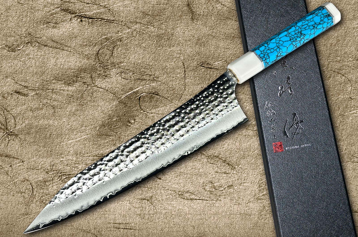 Yu Kurosaki R2(SG2) Hammered SENKO-EI WA TCA-TCW2 Japanese Chef's Gyuto Knife 240mm with Double White Turquoise Rings & Blue Turquoise Handle