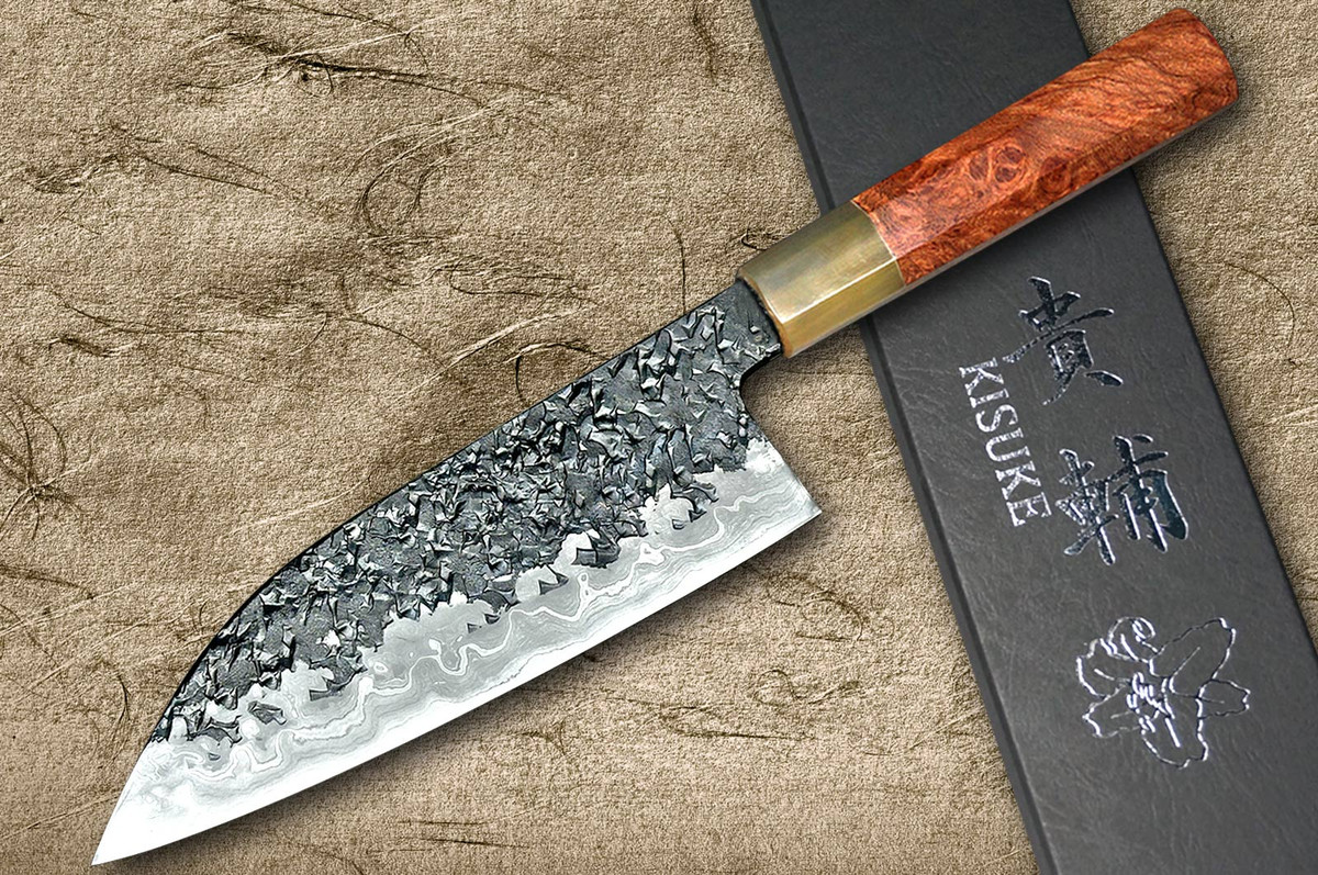 Kisuke Manaka ENN Blue#1 Kurouchi Hammered KRBFW Japanese Chef's Santoku Knife 165mm with White Buffalo Ferrule Karin Lump Handle