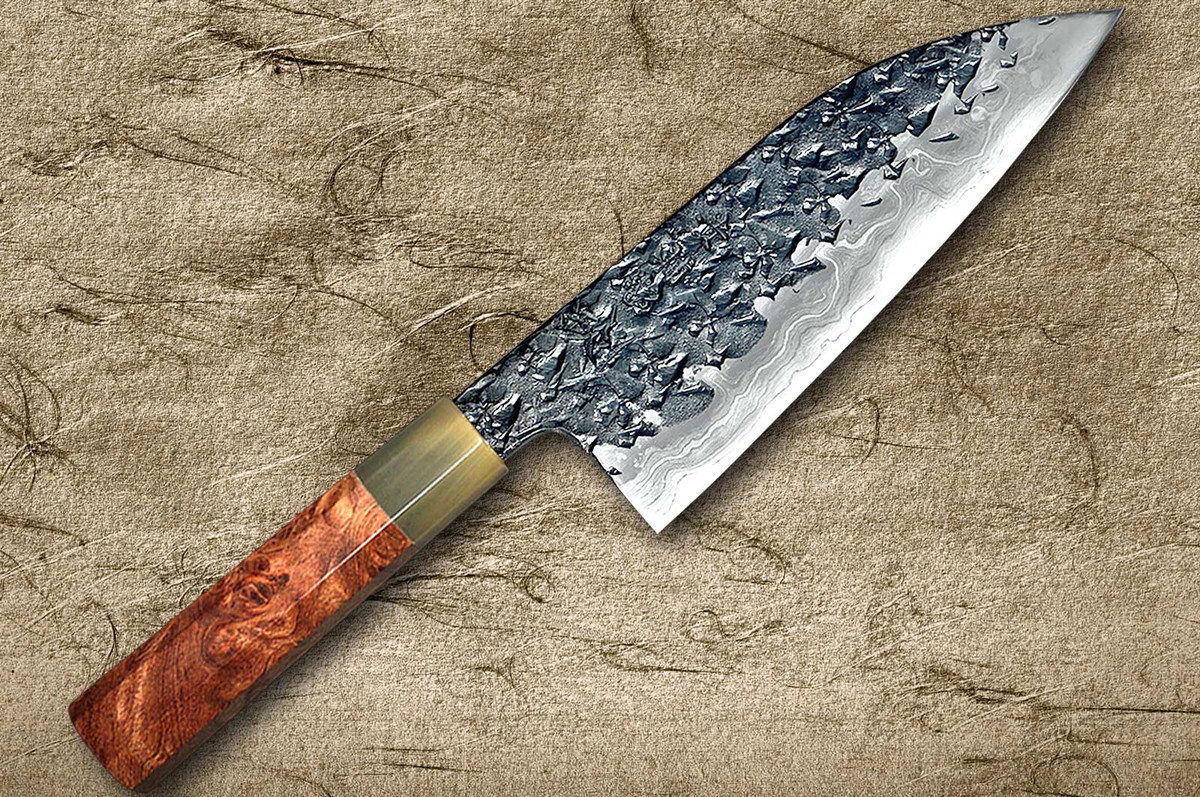 Kisuke Manaka ENN Blue#1 Kurouchi Hammered KRBFW Japanese Chef's Santoku Knife 165mm with White Buffalo Ferrule Karin Lump Handle
