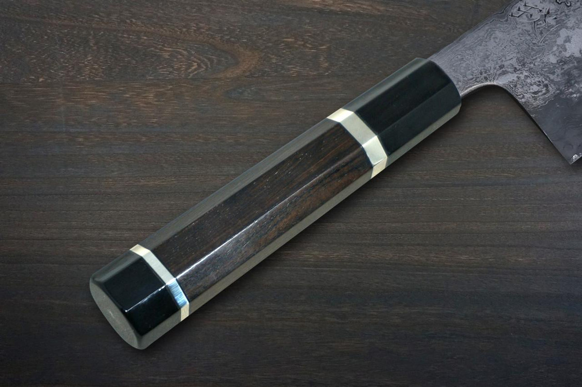 Kisuke Manaka KOKUENN Blue#1 Black Finished EBBFB2 Japanese Chef's Nakiri(Vegetable) 165mm with Double Buffalo Ringed Ebony Handle 