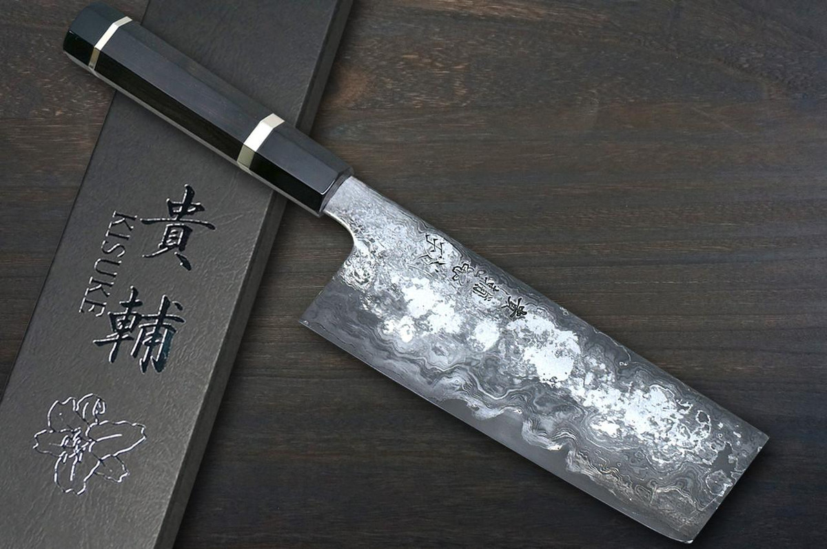 Kisuke Manaka KOKUENN Blue#1 Black Finished EBBFB2 Japanese Chef's Nakiri(Vegetable) 165mm with Double Buffalo Ringed Ebony Handle 