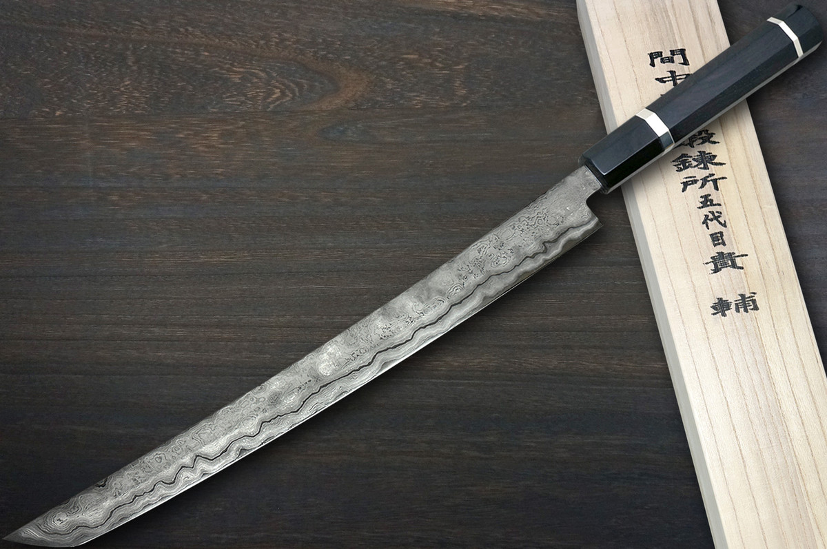 Kisuke Manaka KOKUENN Blue#1 Black Finished EBBFB2 Japanese Chef's Sakimaru-Slicer(Sujihiki) 450mm with Double Buffalo Ringed Ebony Handle