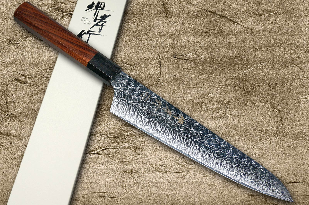 Sakai Takayuki SPG2 Damascus Hammered WA Japanese Chef's Gyuto Knife 210mm with Black-Ring Octagonal Rosewood Handle