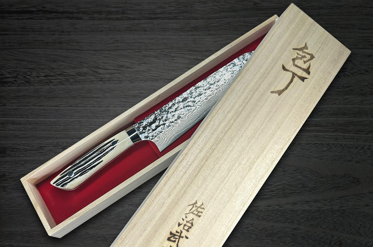 【美品・鏡面刃】超高硬度 模造刀 白仕上研磨 72cm長寸 純銅装具 龍鳳檀鞘 佐治武史SRS13 镜面锤纹大马士革DHW 日式厨师剑型牛刀210mm 配白色鹿角