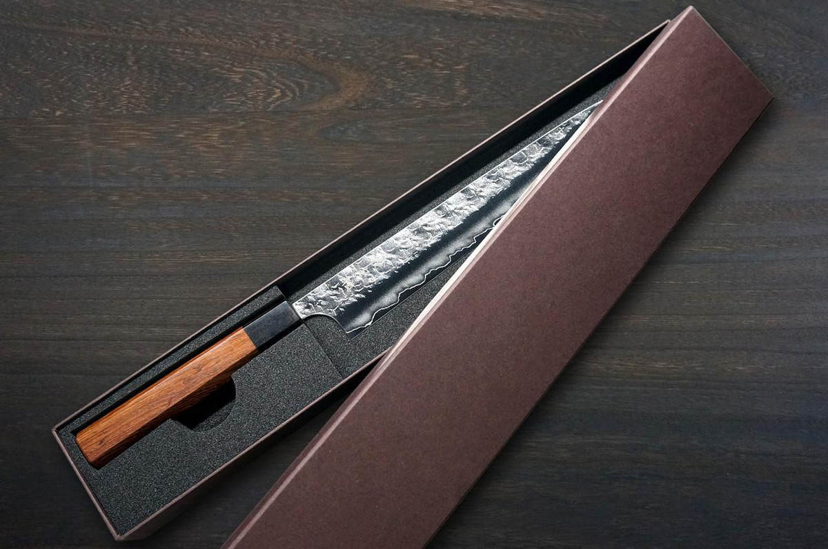 Yoshimi Kato R2 HYO gehämmertes japanisches Kochmesser Slicer (Sujihiki) 270mm mit achteckigem Griff mit Ebenholzring