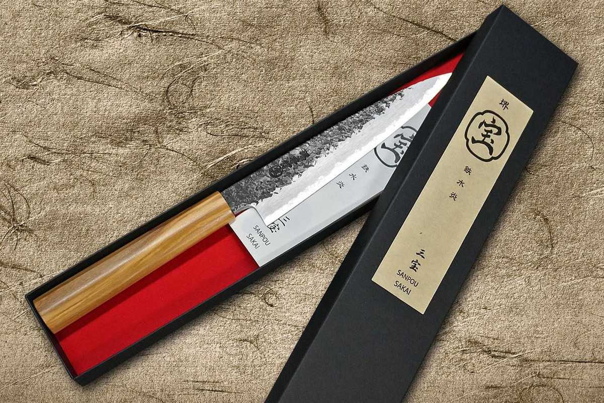 Sakai Takayuki SANPOU Model MIZU Kurouchi White #2 Japanese Chef's Petty Knife(Utility) 150mm with Olive Handle 