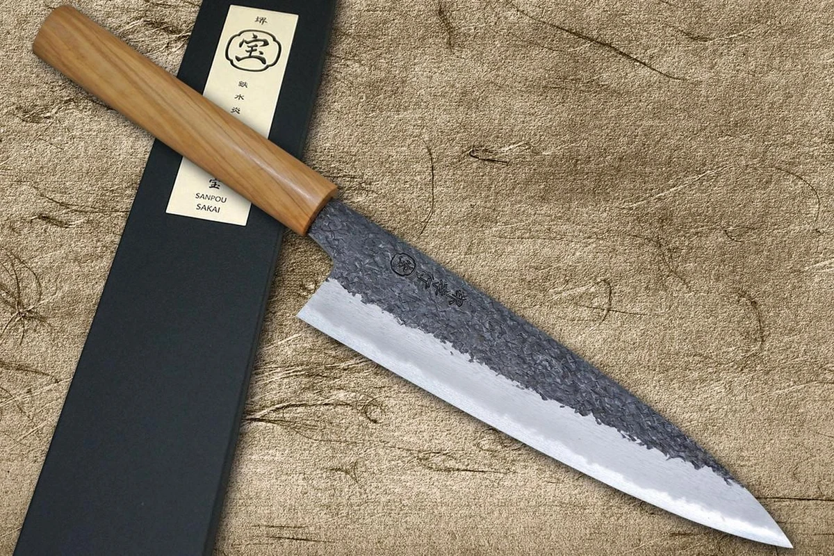 Sakai Takayuki SANPOU Modell MIZU Kurouchi Weiß #2 Japanisches Kochmesser (Gyuto) 210mm mit Olivenholzgriff