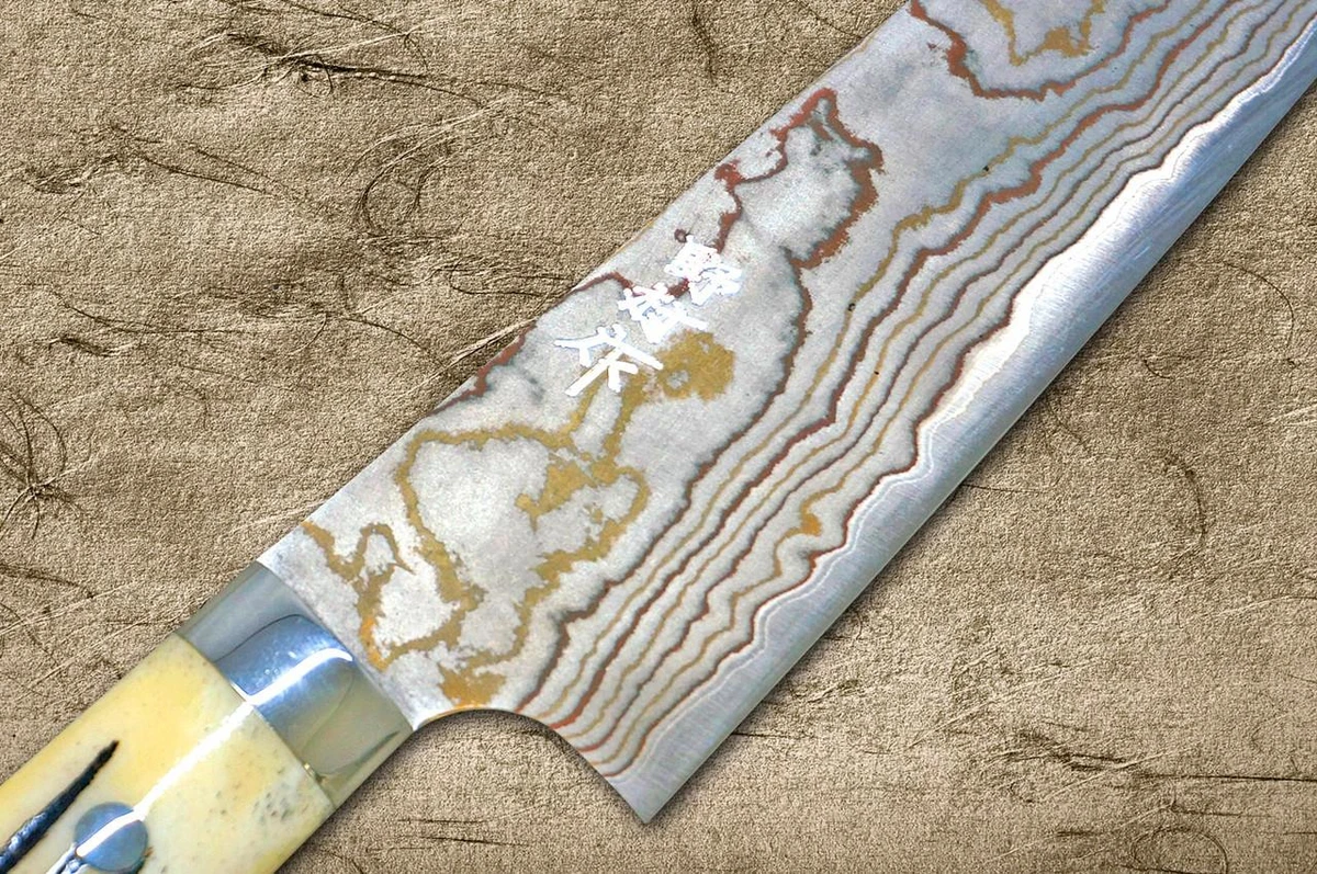 Takeshi Saji Aogami Colored Damascus DHW-NNM Japanese Chef's Santoku Knife 180mm with White Antler Handle Nomura Special 