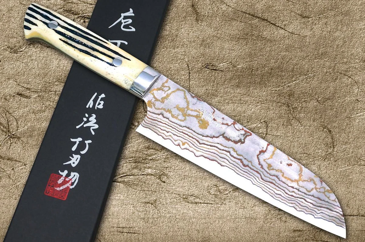 Takeshi Saji Aogami Colored Damascus DHW-NNM Japanese Chef's Santoku Knife 165mm with White Antler Handle Nomura Special 