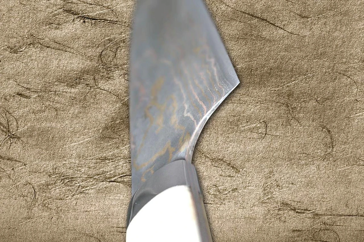 Takeshi Saji Aogami Colored Damascus DHW-NNM Japanese Chef's Santoku Knife 165mm with White Antler Handle Nomura Special 
