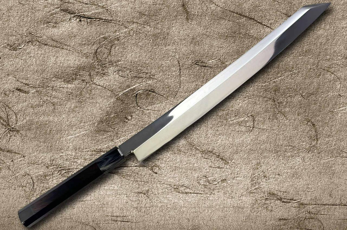Sakai Takayuki ZANGETSU Honyaki Ginsan Japanese Chef's Whole-Mirrored Kengata-Yanagiba(Sashimi) 330mm with Double Water Buffalo Ring Wenge Handle 