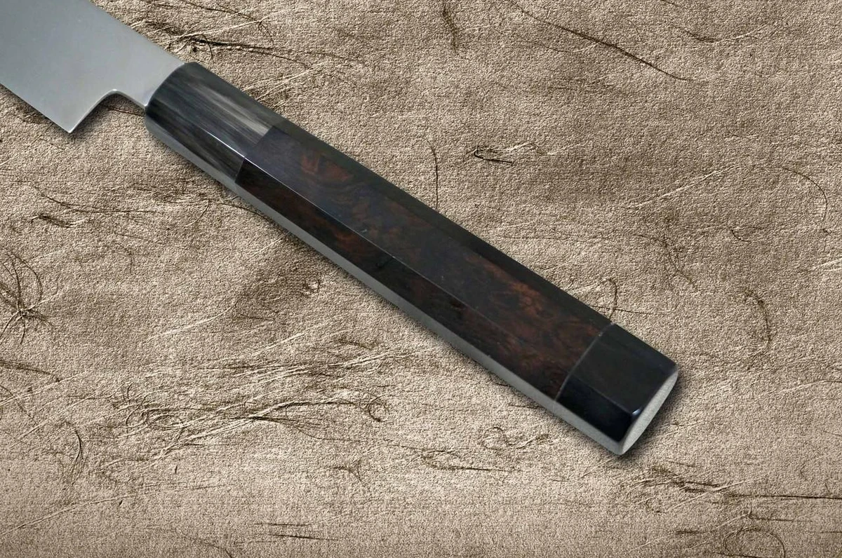 Sakai Takayuki ZANGETSU Honyaki Ginsan Japanese Chef's Whole-Mirrored Kengata-Yanagiba(Sashimi) 330mm with Double Water Buffalo Ring Wenge Handle 
