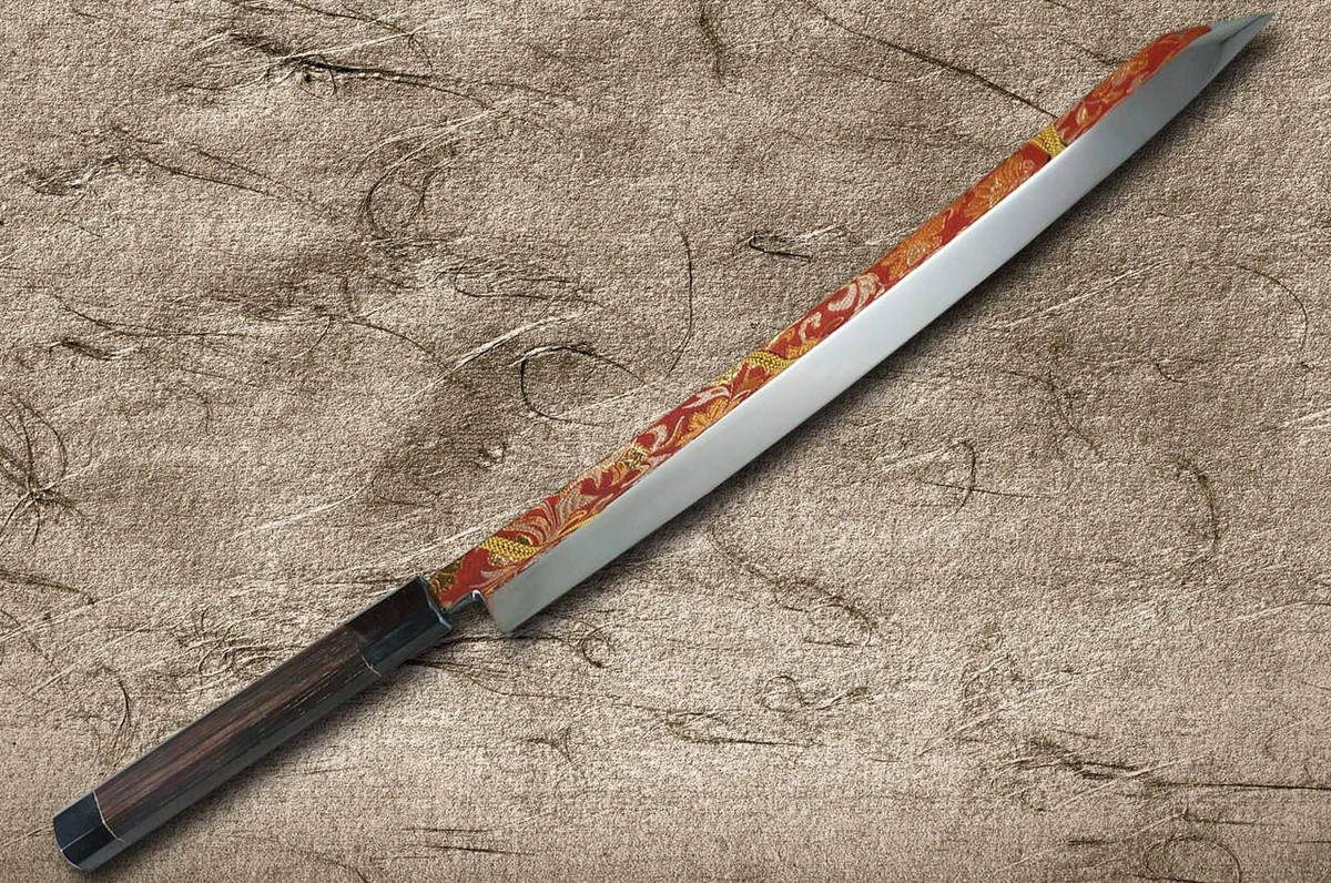 Sakai Takayuki ZANGETSU Honyaki Ginsan Japanese Chef's Whole-Mirrored Kengata-Yanagiba(Sashimi) 390mm with Double Water Buffalo Ring Wenge Handle 
