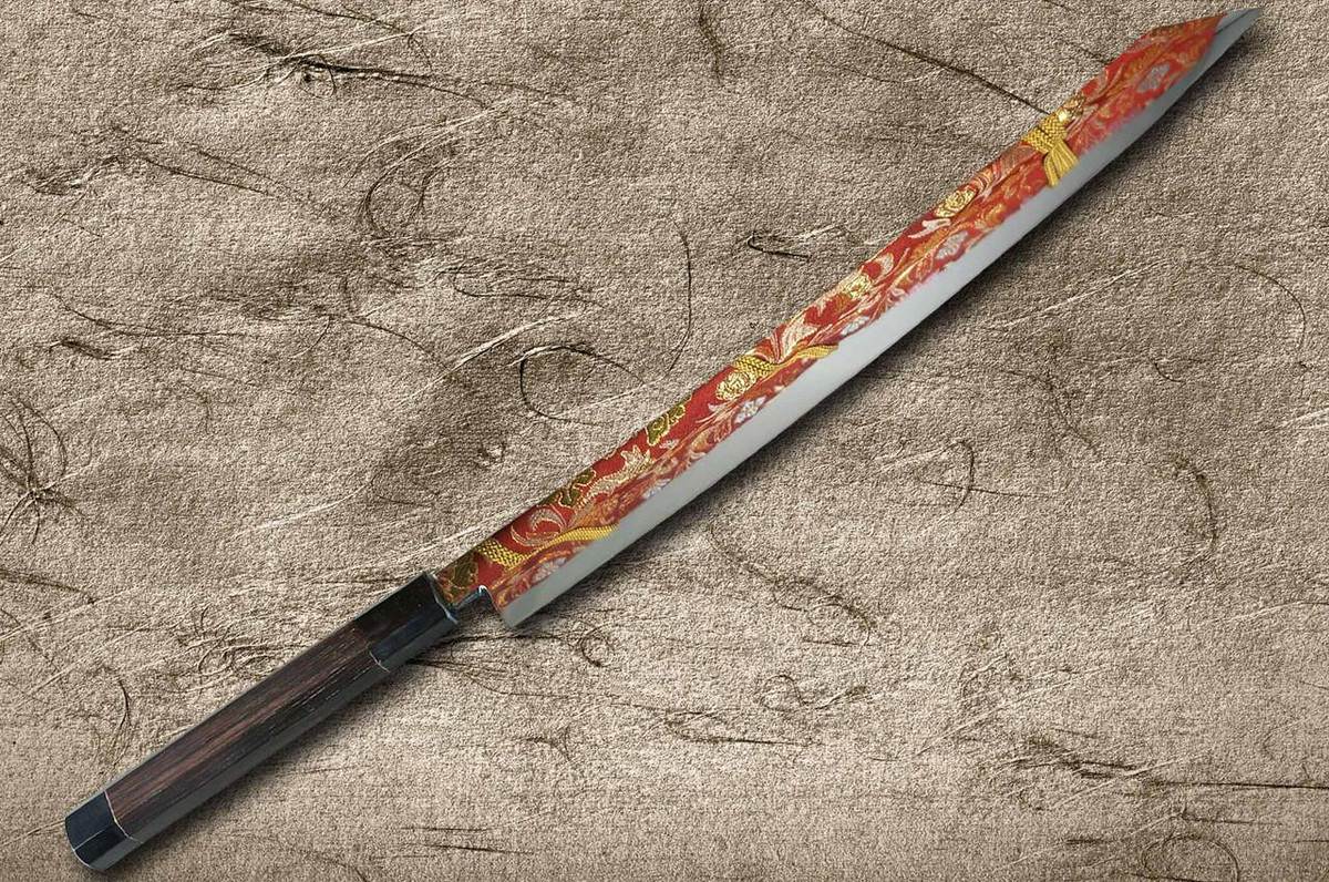 Sakai Takayuki ZANGETSU Honyaki Ginsan Japanese Chef's Whole-Mirrored Kengata-Yanagiba(Sashimi) 390mm with Double Water Buffalo Ring Wenge Handle 