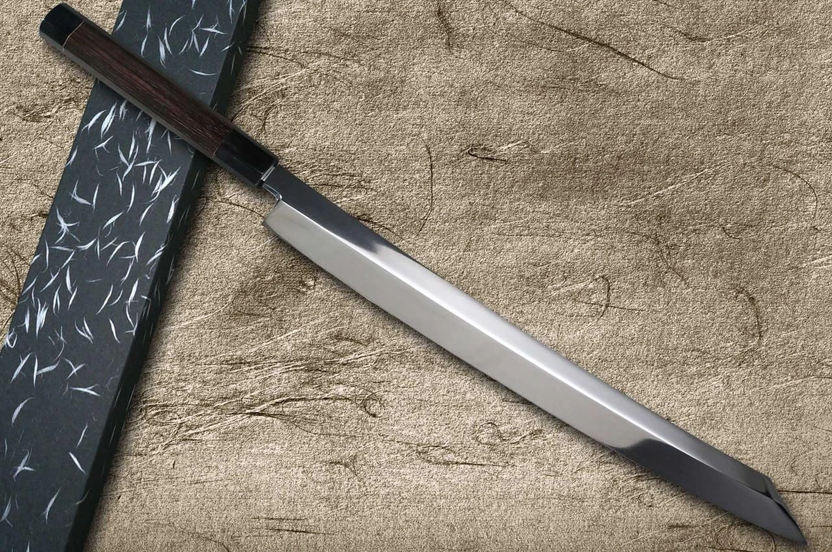 Sakai Takayuki ZANGETSU Honyaki Ginsan Japanese Chef's Whole-Mirrored Kengata-Yanagiba(Sashimi) 390mm with Double Water Buffalo Ring Wenge Handle 