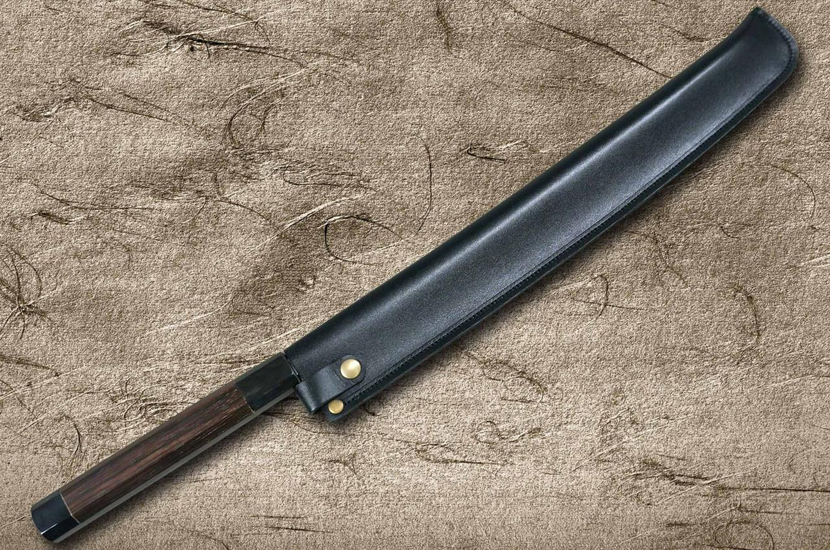 Sakai Takayuki ZANGETSU Honyaki Ginsan Japanese Chef's Whole-Mirrored Kengata-Yanagiba(Sashimi) 390mm with Double Water Buffalo Ring Wenge Handle 