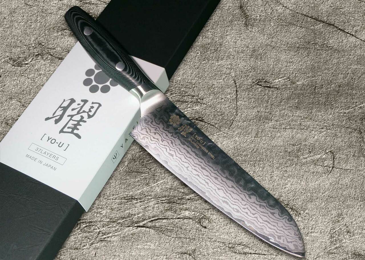 knives | Yaxell YO-U 37-Layer VG-10 Damascus Hammered Chef's Santoku Knife 145mm