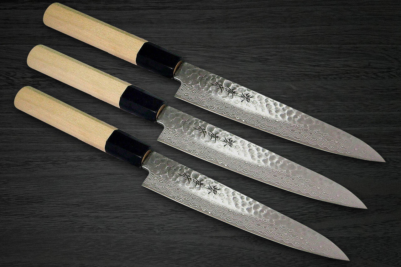 Japanese Knife Set Damascus 45 Layer Petty Santoku Nakiri - Hasu-Seizo