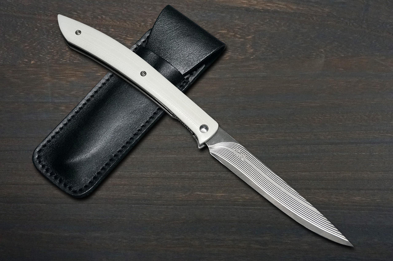 Takeshi Saji Folding R2(SG2) Black Damascus Steak Knife 100mm with White  Micarta Handle