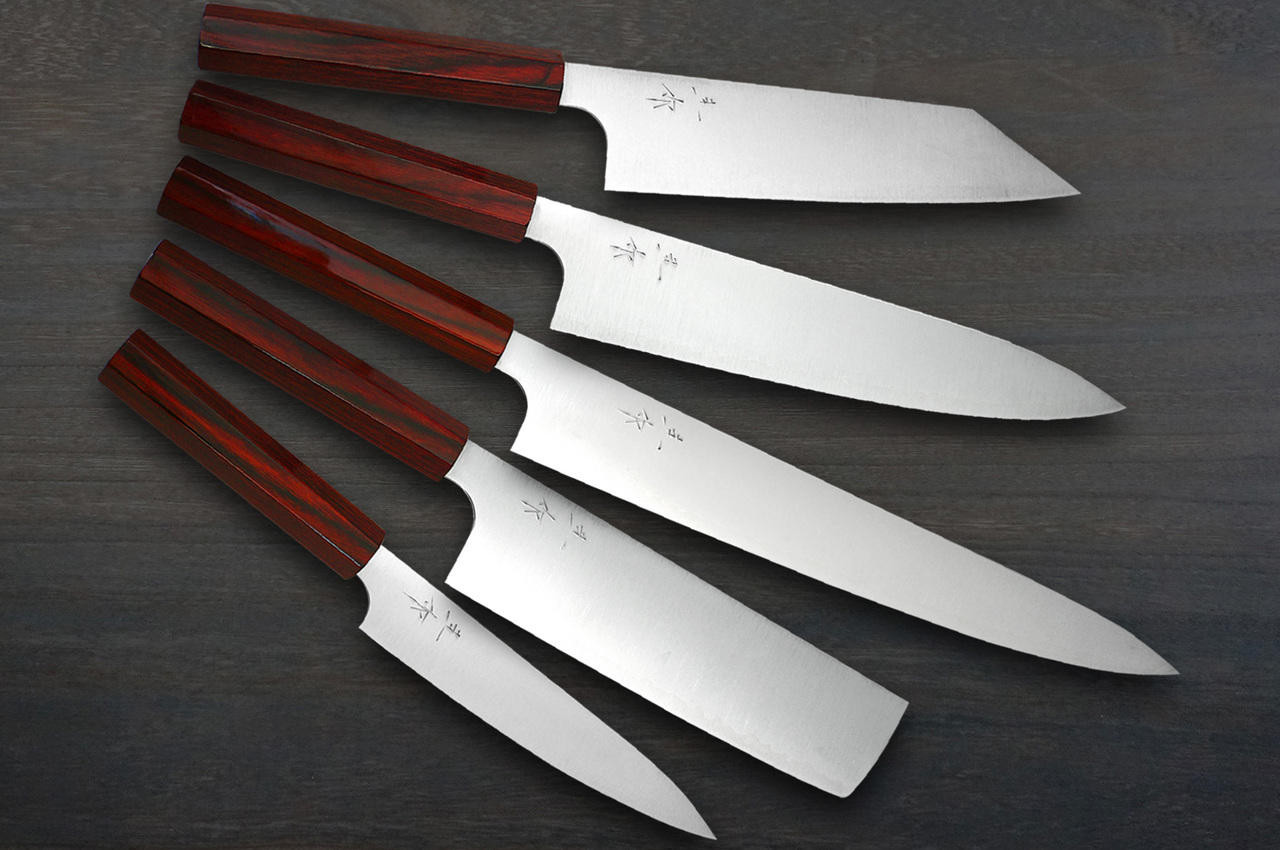 Kei Kobayashi R2 Special Finished CS Japanese Chef's Knife SET  (Gyuto210-Slicer-Bunka-Vegetable-Petty) with Red Lacquered Wood Handle