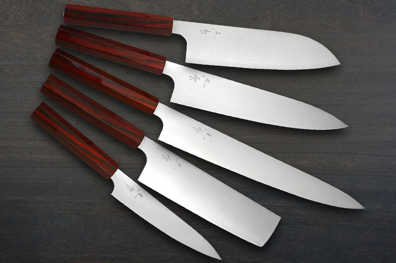 Kei Kobayashi R2 Special Finished CS Japanese Chef's Knife SET  (Gyuto210-Slicer-Santoku-Vegetable-Petty) with Red Lacquered Wood Handle