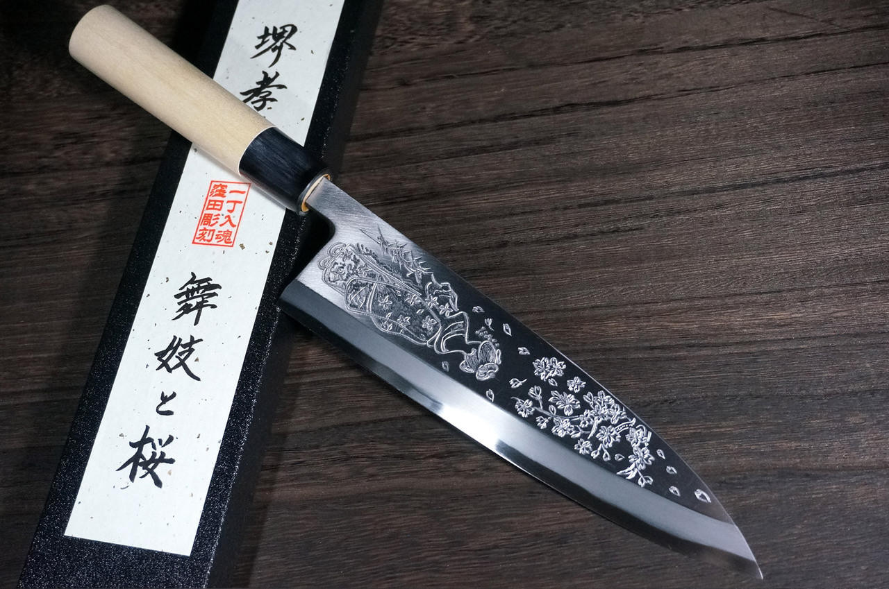 Sakai Takayuki Kasumitogi Buffalo Tsuba Engraving Art Japanese Chef's Deba  Knife 210mm Maiko-to-Sakura(Geisha & Cherry Blossoms)