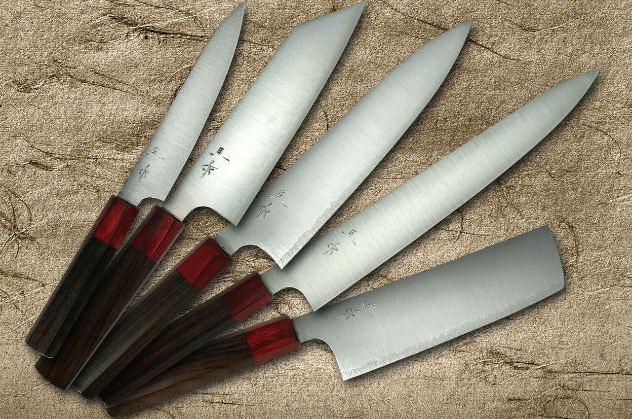 Kei Kobayashi R2 Special Finished CS Japanese Chef's Knife SET  (Gyuto210-Slicer-Santoku-Vegetable-Petty) with Red Lacquered Wood Handle