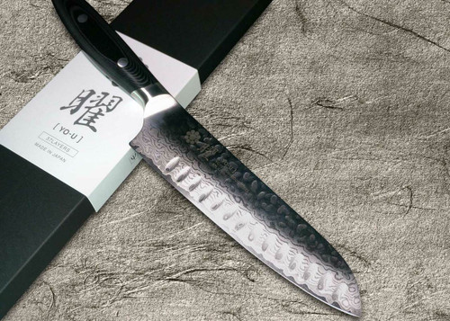 Yaxell YO-U 37-Layer VG-10 Damascus Hammered Japanese Chefs Dimpled Santoku Knife 180mm