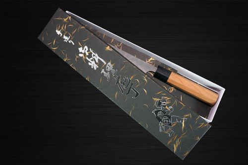 Yoshimi Kato Aogami Super Clad Nashiji AC Japanese Chefs Bunka Knife 170mm with Black Cherry Octagonal Handle