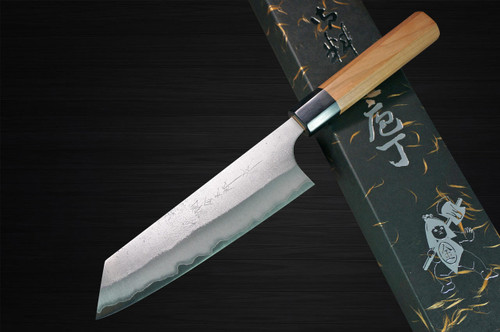 Yoshimi Kato Aogami Super Clad Nashiji AC Japanese Chefs Bunka Knife 170mm with Black Cherry Octagonal Handle