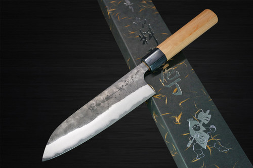 Yoshimi Kato Aogami Super Clad Kurouchi AC Japanese Chef's Santoku Knife 170mm with Black Cherry Octagonal Handle 